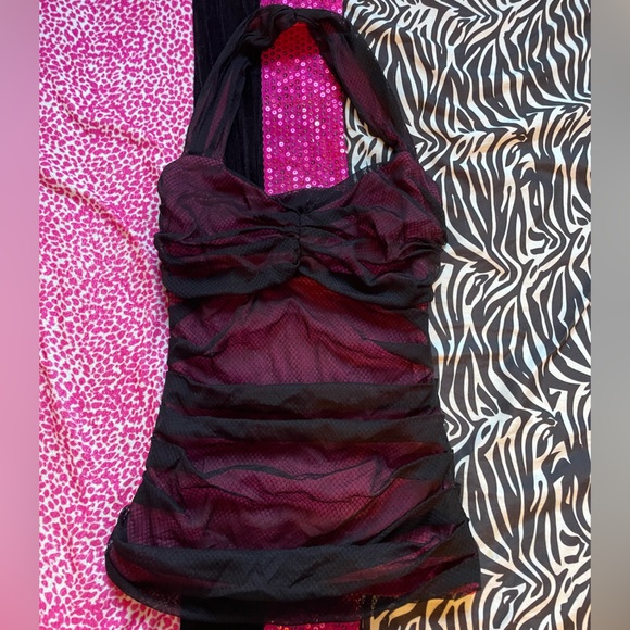 bebe Tops - Bebe Pink and Black mesh halter top